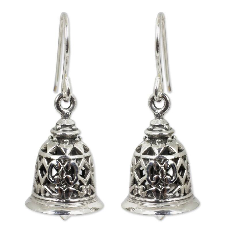 NOVICA Handmade Sterling Silver Temple Bell Chandelier Style Earrings (Thailand) - Silver - White