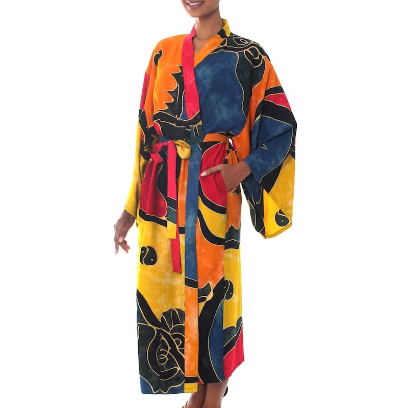 NOVICA Handmade Colorful Myraid Patterned Robe (Indonesia) - Red/blue