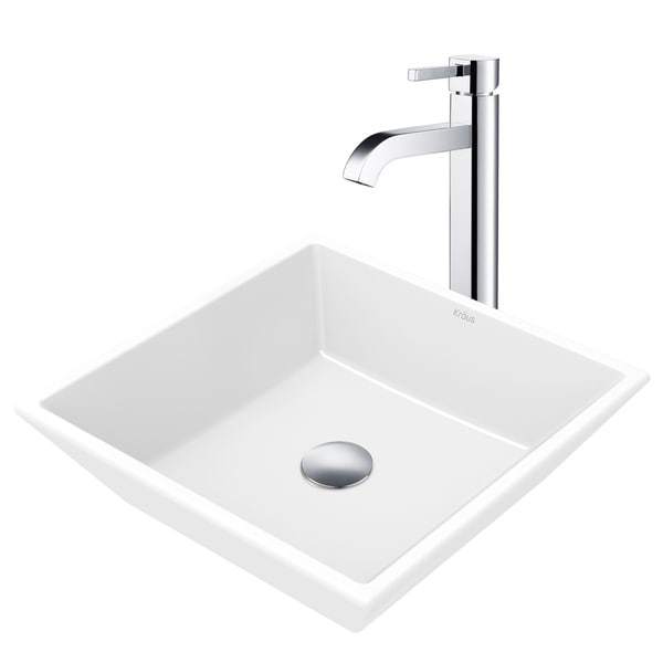 Kraus 3-in-1 Bathroom Set C-KCV-125-1007 White Ceramic Square Vessel Sink, Ramus Single Hole Faucet, Pop Up Drain