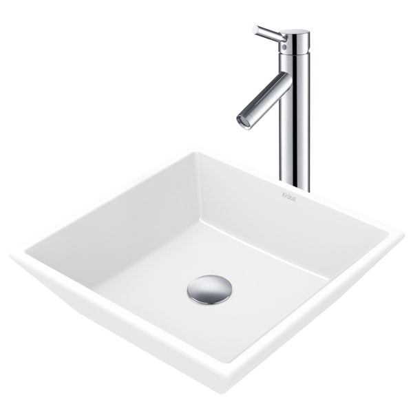 Kraus 3-in-1 Bathroom Set C-KCV-125-1002 White Ceramic Square Vessel Sink, Sheven Single Hole Faucet, Pop Up Drain