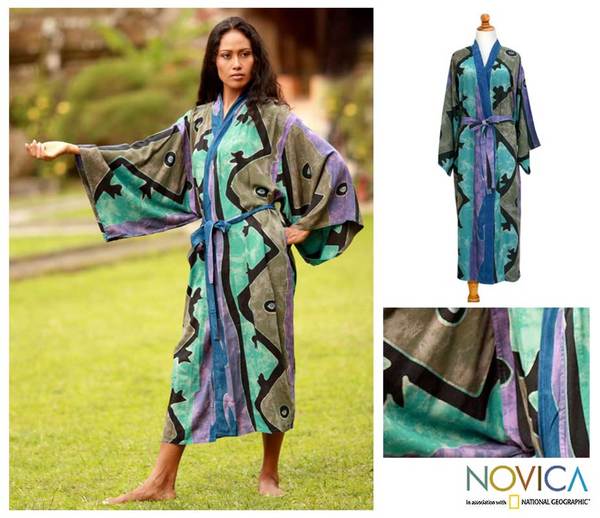 Women's Batik 'Seaside Blue' Robe (Indonesia) Novica Women's Clothing