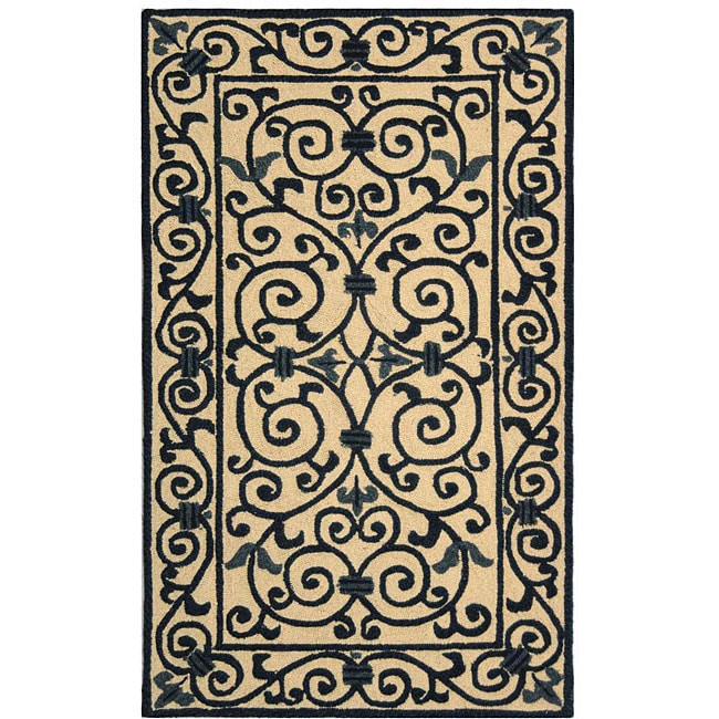 Hand hooked Iron Gate Ivory/ Navy Blue Wool Runner (26 X 4)