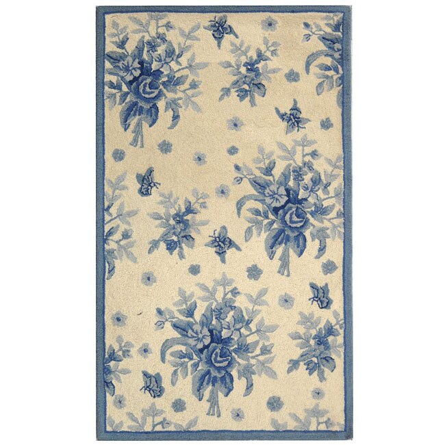 Hand hooked Flov Ivory/ Blue Wool Rug (39 X 59)