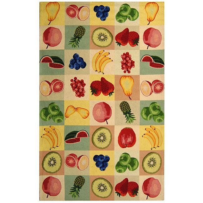 Hand hooked Fruit Panels Ivory Wool Rug (6 X 9)