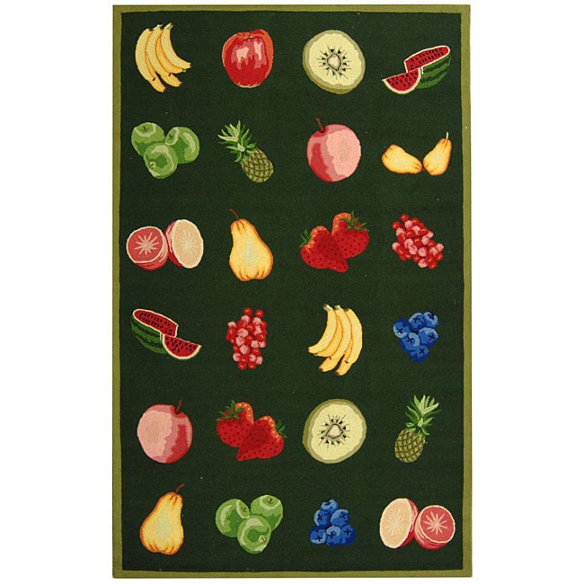 Hand hooked Fruits Hunter Green Wool Rug (53 X 83)