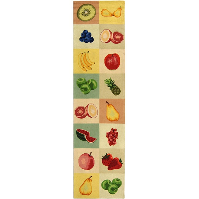 Hand hooked Fruit Panels Ivory Wool Runner (26 X 12)