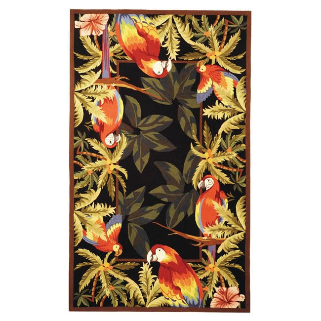 Hand hooked Parrots Black Wool Rug (53 X 83)