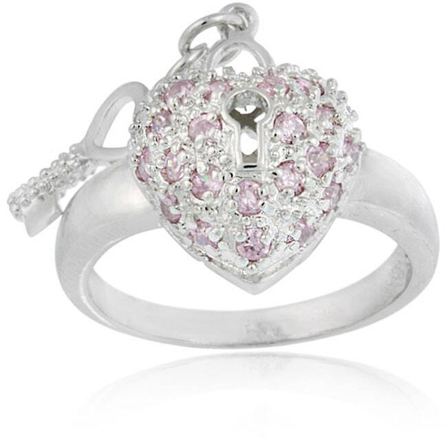 Icz Stonez Sterling Silver Pink CZ Heart and Key Ring