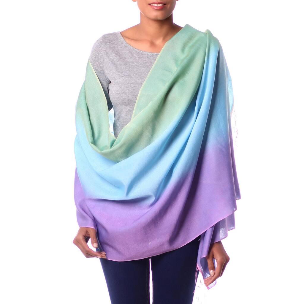 Handmade Aqua Rose Handmade Silk and Wool Delicate Ombre Green Turquoise Lavendar Shawl (India)