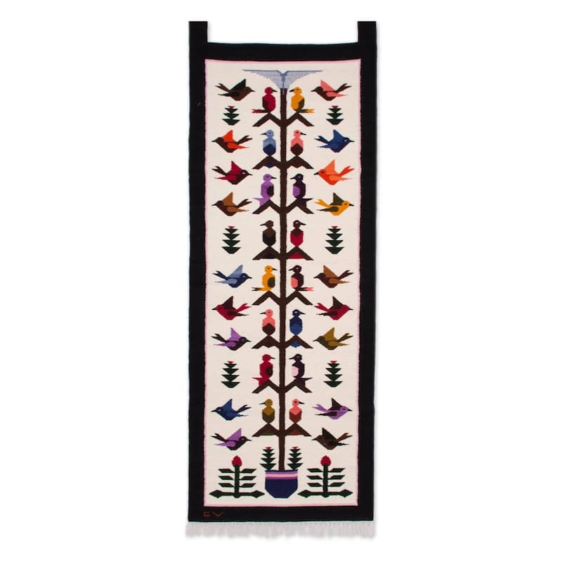 Handwoven Andean Birds on Cream Wool Wall Art Tapestry - Red/Tan