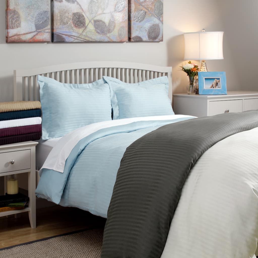 Wrinkle-resistant 300tc Cotton Reversible Solid/Stripe 3-piece Duvet Cover Set