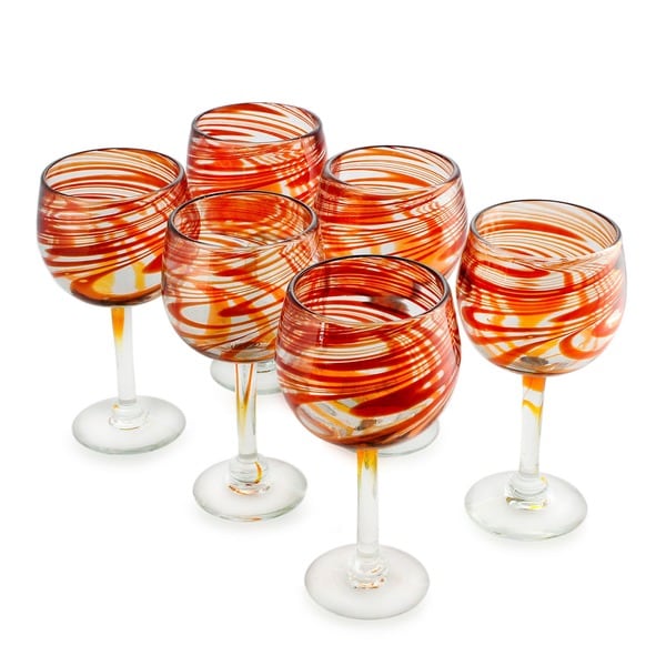 Shop Handmade Crimson Clear Red Swirls Set Of Six Barware Or Tableware Stemmed Handblown Round