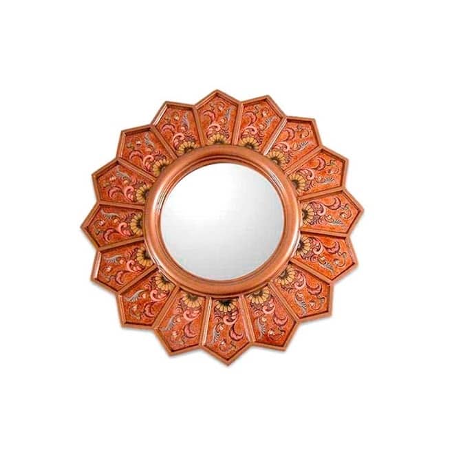 Handmade Daisy Fan Cedar Mirror (Peru) - Orange