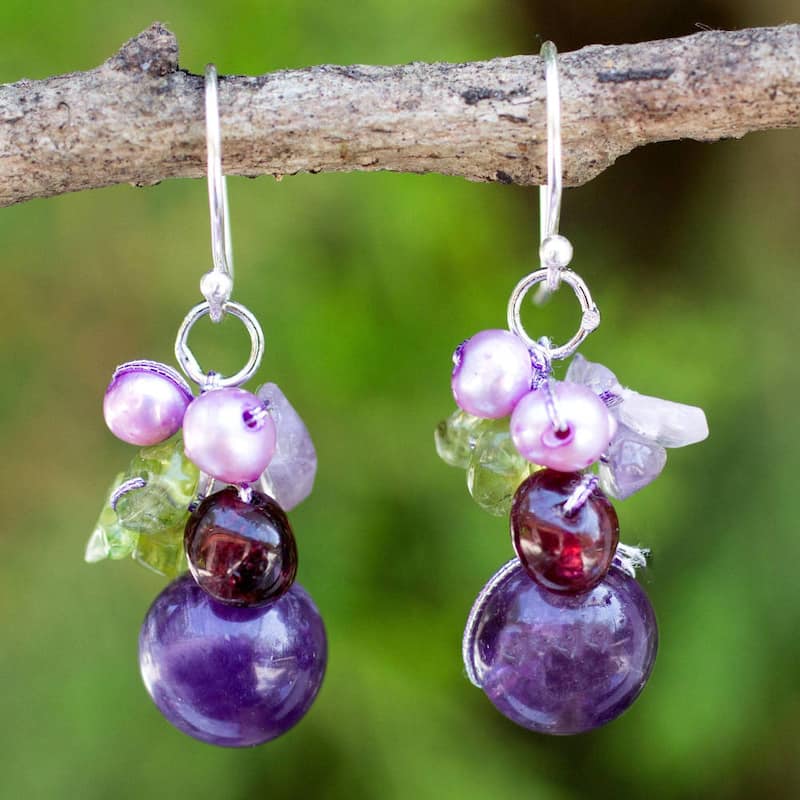 NOVICA Handmade Sterling Silver Garnet Amethyst Bright Dangling Earrings (Thailand) - 1.4*0.6