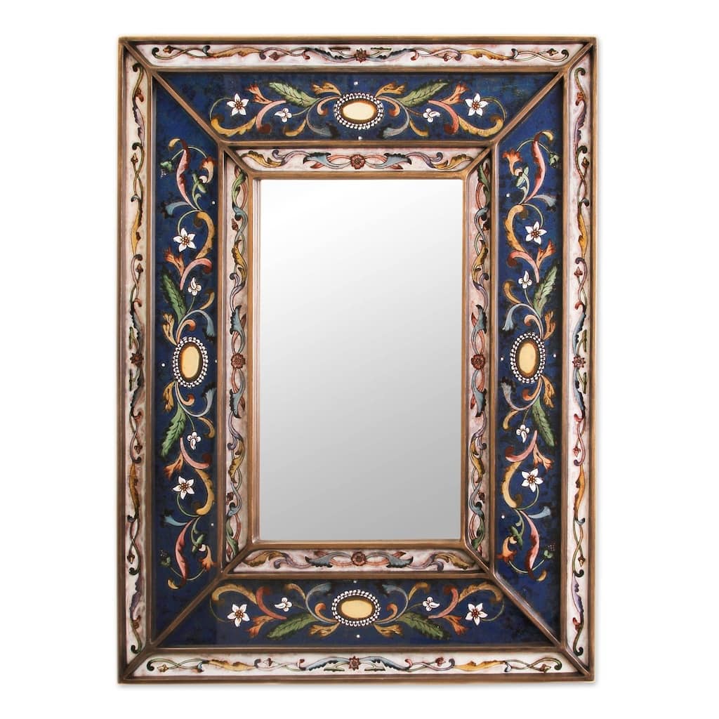 NOVICA Handmade Cajamarca Frost Wood Frame Mirror (Peru) - Blue