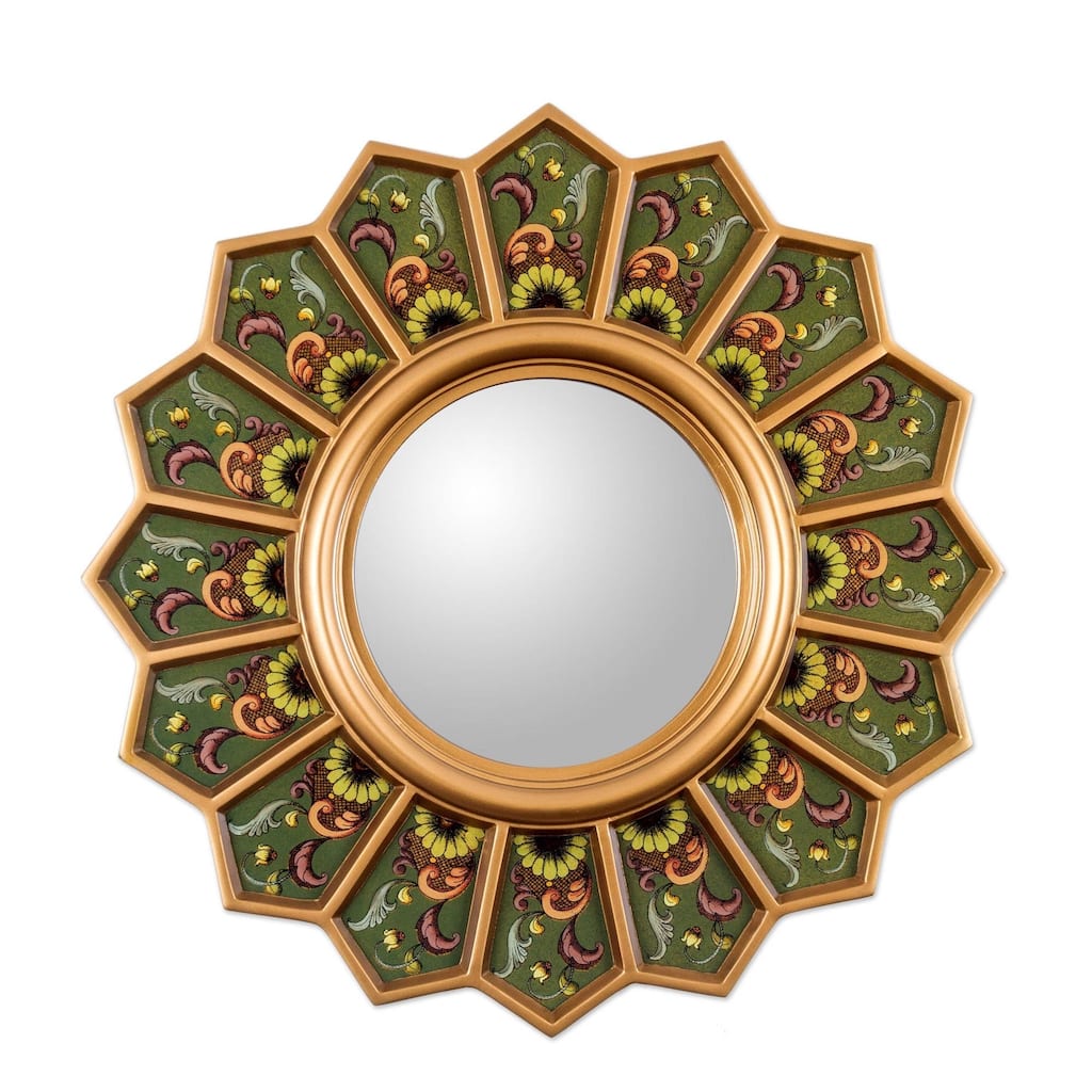 Handmade Green Sunflower Fan Reverse Painted Glass Mirror (Peru) - Brown/Gold