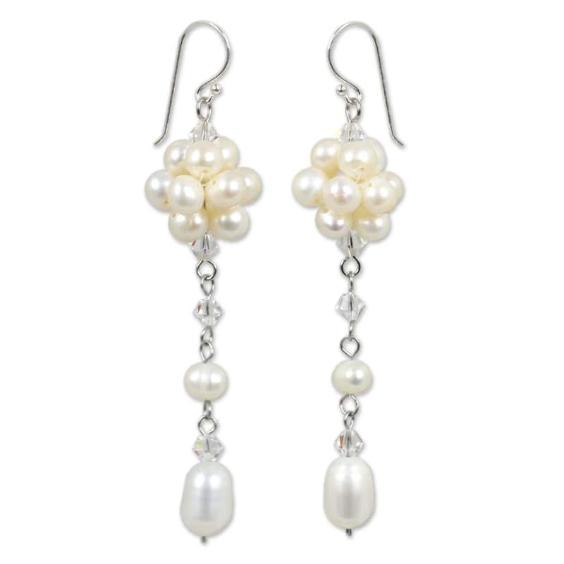 NOVICA Offer of Grace White Freshwater Pearls with Crystal Accents on 925 Sterling Silver Hooks Womens Long Dangle Earrings