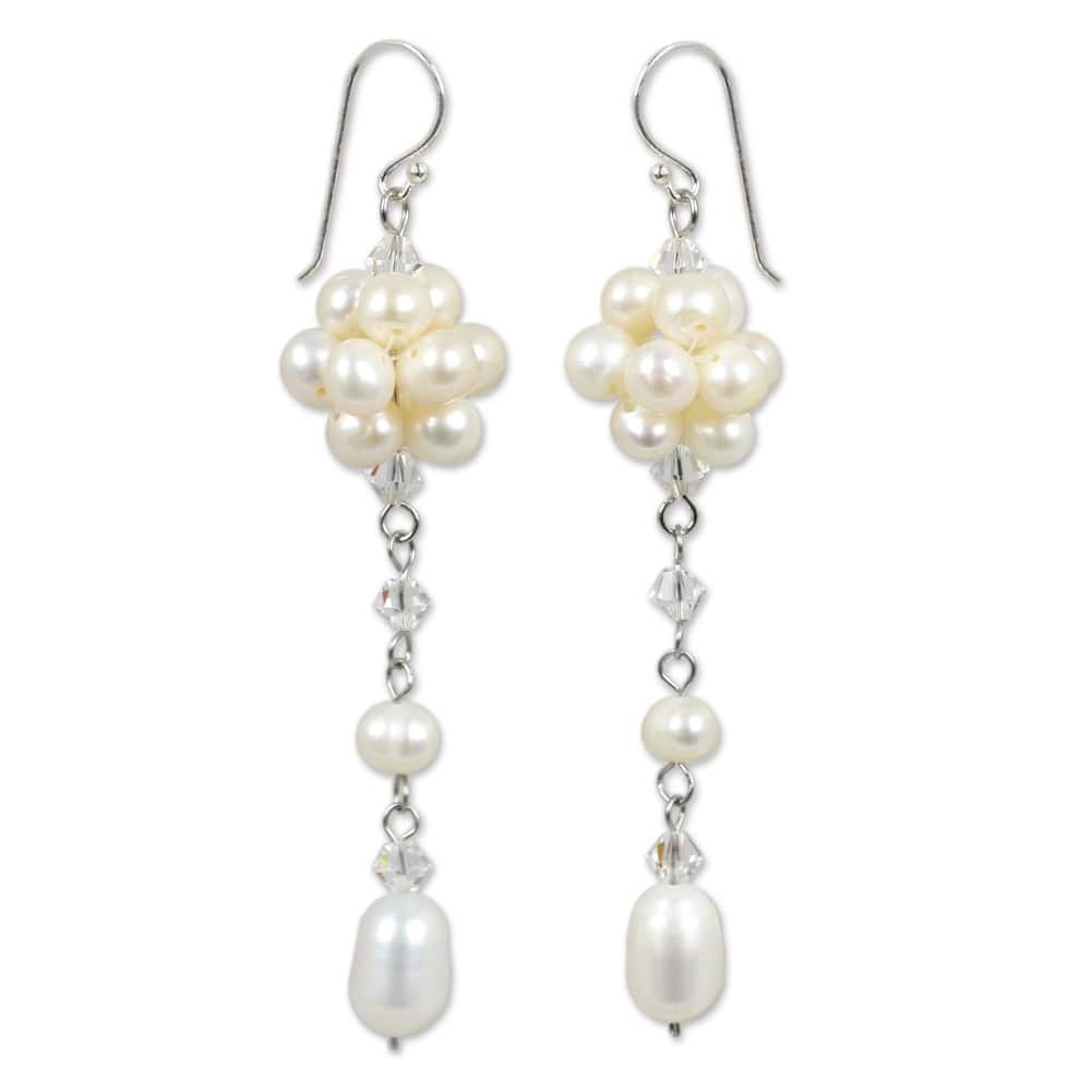 NOVICA Offer of Grace White Freshwater Pearls with Crystal Accents on 925 Sterling Silver Hooks Womens Long Dangle Earrings