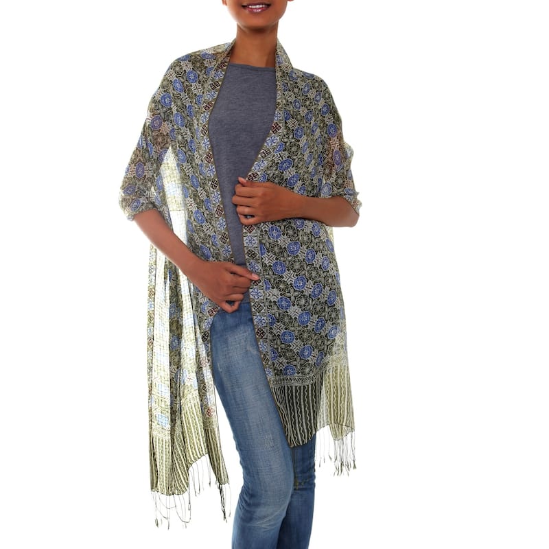 Floral Stars Silk Unique Artisan Cream Blue Tan Batik Printed Soft and Semi Sheer Womens Fashio