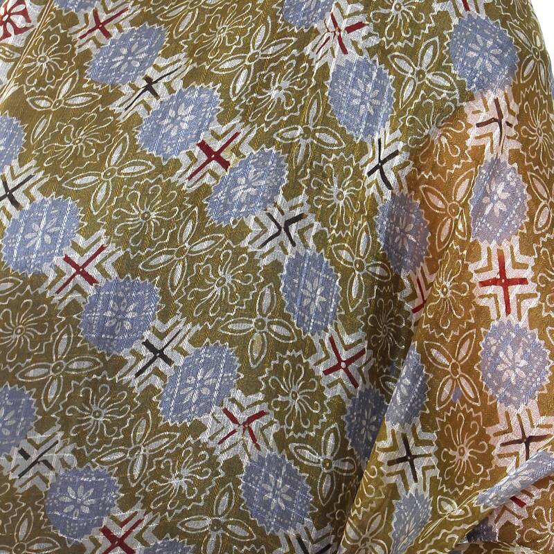 Floral Stars Silk Unique Artisan Cream Blue Tan Batik Printed Soft and Semi Sheer Womens Fashio