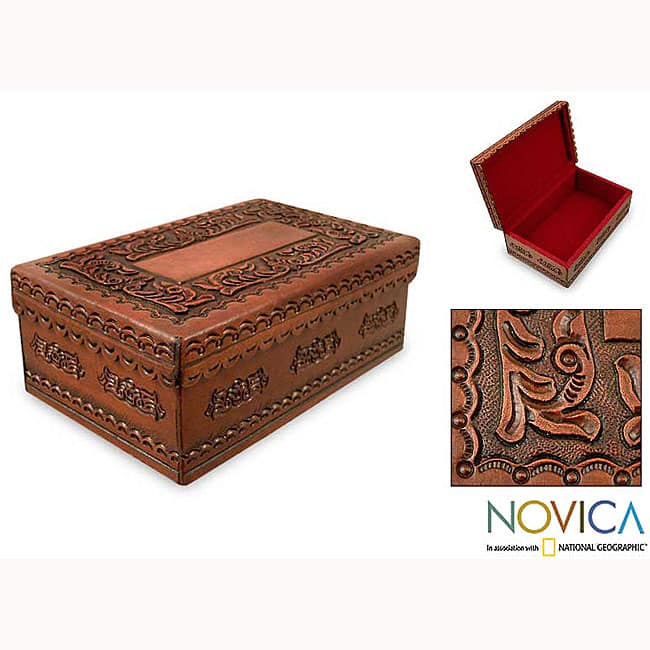 Lope De Vega Style Artisan Handmade Home Decor Floral Motif Brown Tornillo Wood Decorative Handtooled Leather Keepsake Box