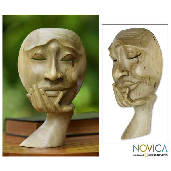 Wood 'A Man in Thought' Sculpture, Handmade in Indonesia