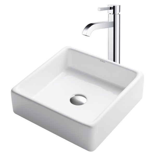 Kraus 3-in-1 Bathroom Set C-KCV-120-1007 White Ceramic Square Vessel Sink, Ramus Single Hole Faucet, Pop Up Drain