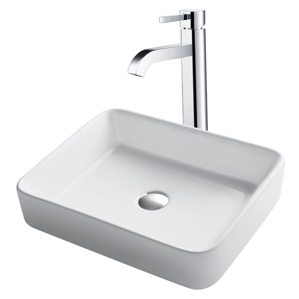 Kraus 3-in-1 Bathroom Set C-KCV-121-1007 White Ceramic Rectangular Vessel Sink, Ramus Single Hole Faucet, Pop Up Drain