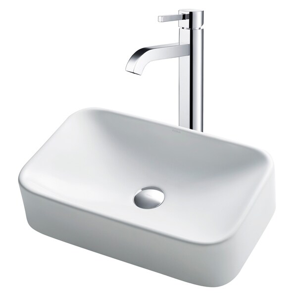 Kraus 3-in-1 Bathroom Set C-KCV-122-1007 White Ceramic Rectangular Vessel Sink, Ramus Single Hole Faucet, Pop Up Drain