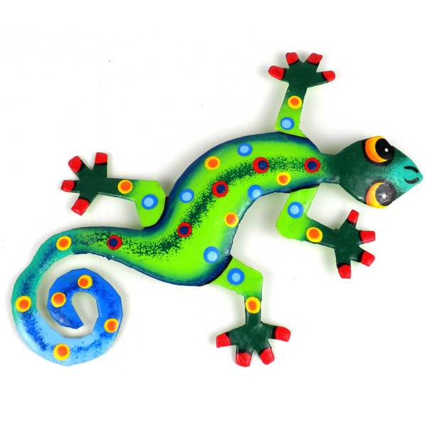 Hand Painted Round Metal Gecko Tropical Design , Handmade in Haiti