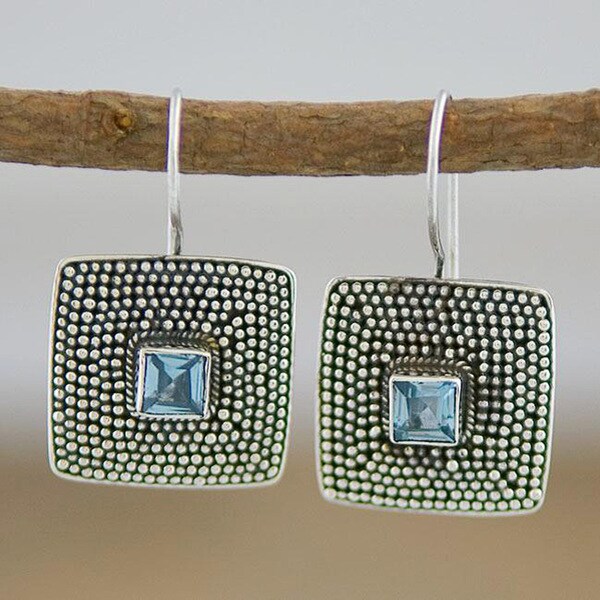 Shop Handmade Sterling Silver and Blue Topaz 'Beaded Edge' Earrings