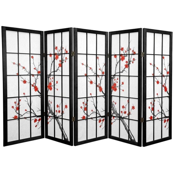 Spruce Wood Cherry Blossom Shoji 5-panel Room Divider (China)