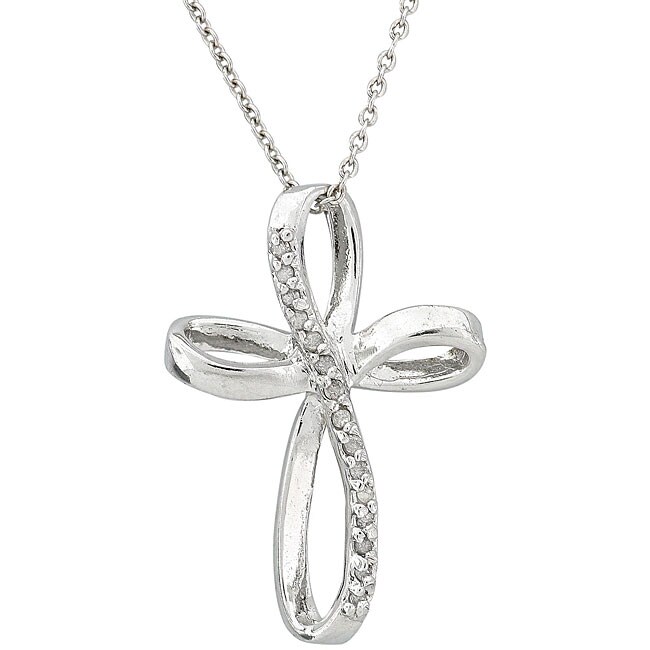 Sterling Silver 1/10ct TDW Diamond Ribbon Cross Necklace - Free 