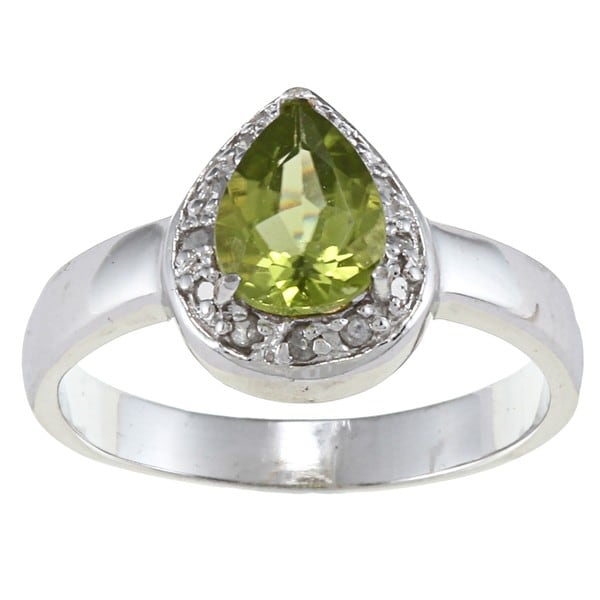 Sterling Silver Peridot and 1/10ct TDW Diamond Teardrop Ring Gemstone Rings