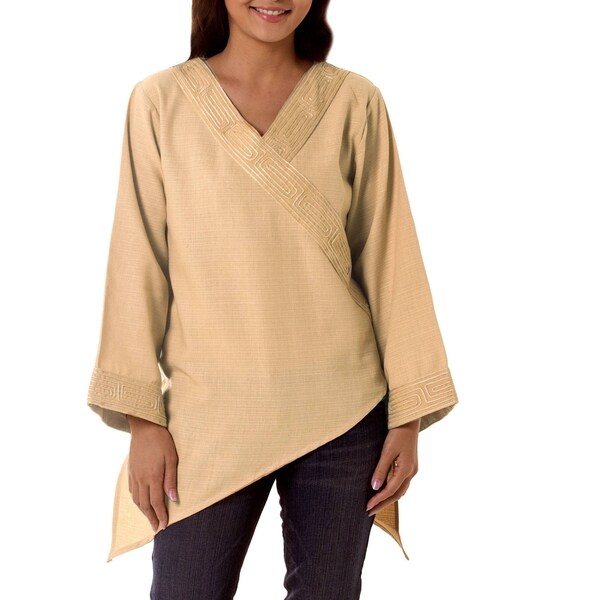 Handmade Women's 'China Paths in Light Brown' Blouse (Thailand)