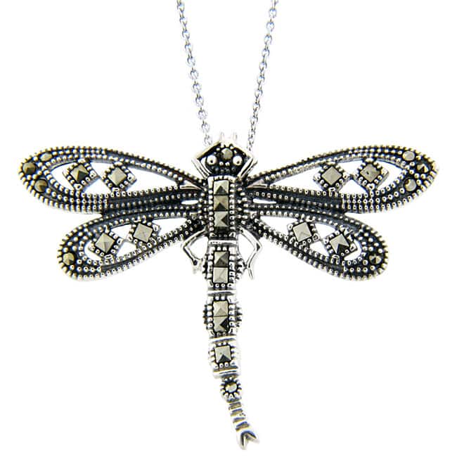 Dolce Giavonna Sterling Silver Marcasite Dragonfly Necklace