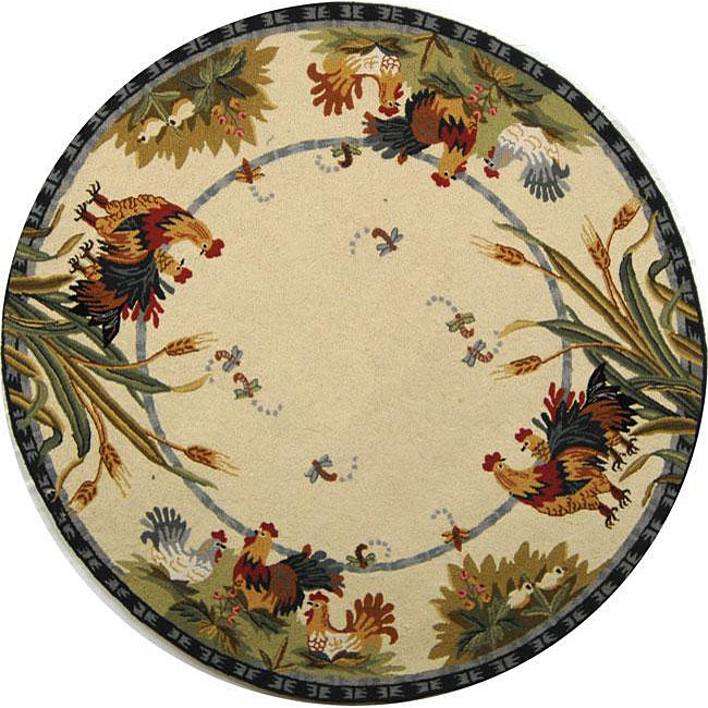 Hand hooked Roosters Ivory Wool Rug (56 Round) (IvoryPattern AnimalMeasures 0.375 inch thickTip We recommend the use of a non skid pad to keep the rug in place on smooth surfaces.All rug sizes are approximate. Due to the difference of monitor colors, so