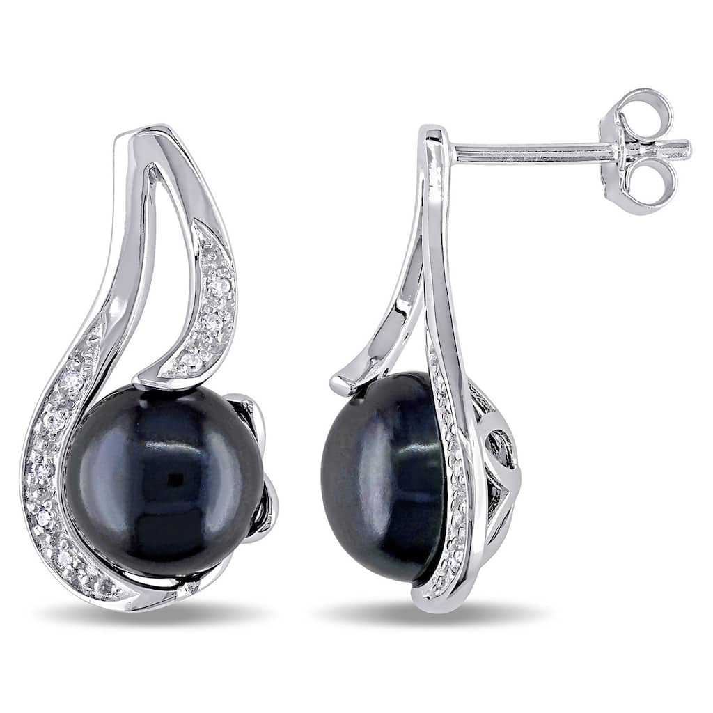 Miadora Sterling Silver Black Genuine Freshwater Pearl and Diamond Accent Earrings (9-10 mm)