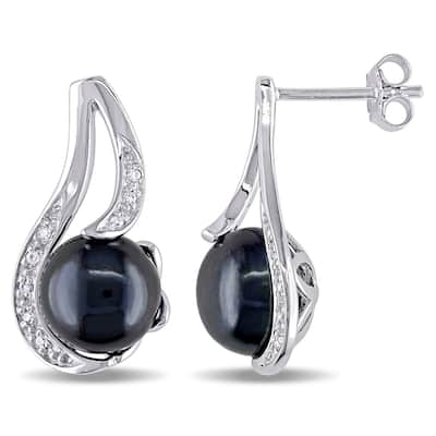 Miadora Sterling Silver Black Genuine Freshwater Pearl and Diamond Accent Earrings (9-10 mm)