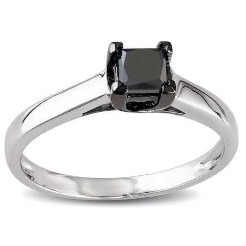 Miadora 10k White Gold 1/2ct TDW Black Princess-cut Diamond Solitaire Ring