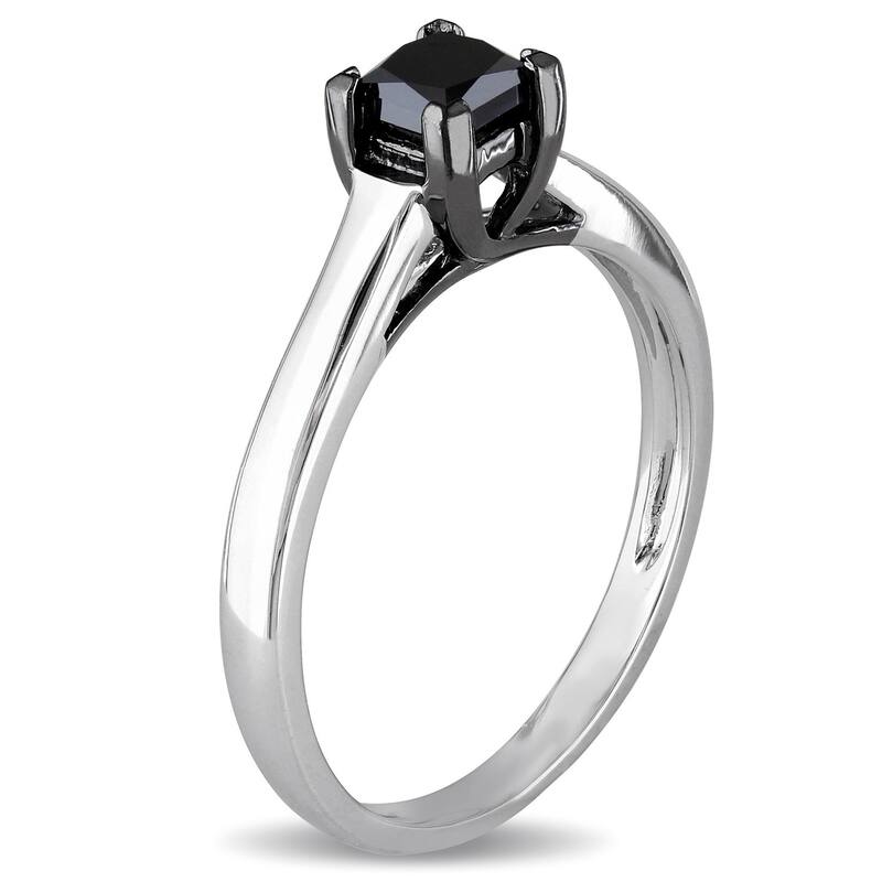 Miadora 10k White Gold 1/2ct TDW Black Princess-cut Diamond Solitaire Ring