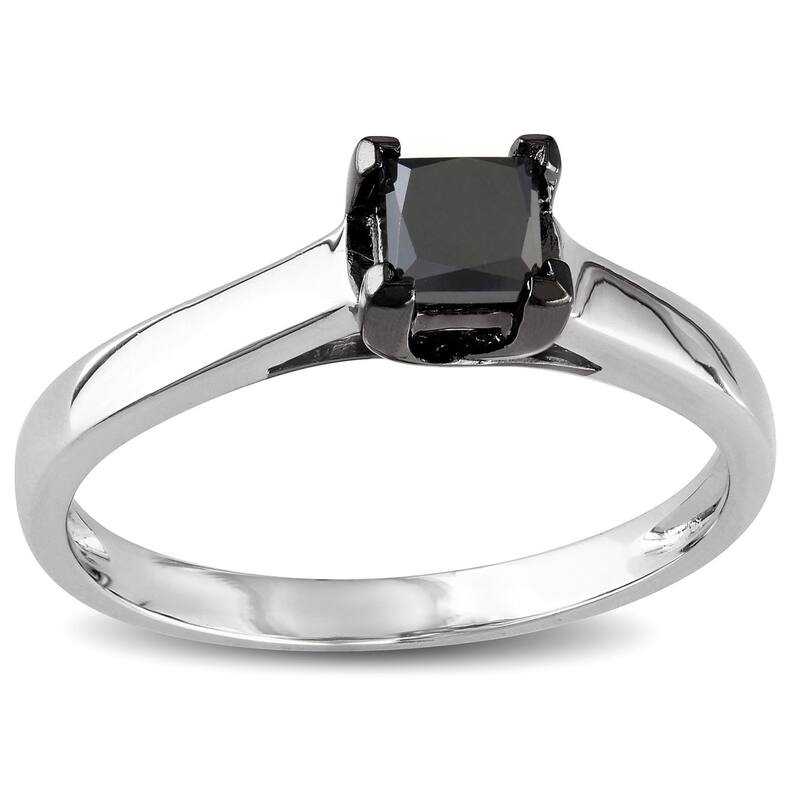 Miadora 10k White Gold 1/2ct TDW Black Princess-cut Diamond Solitaire Ring