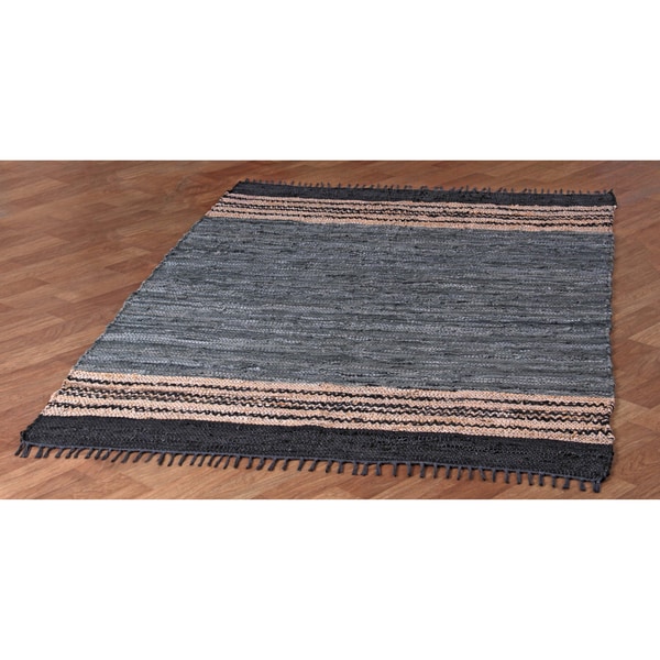 Hand-woven Grey Leather Chindi Rug (8' x 10') - 8' x 10'