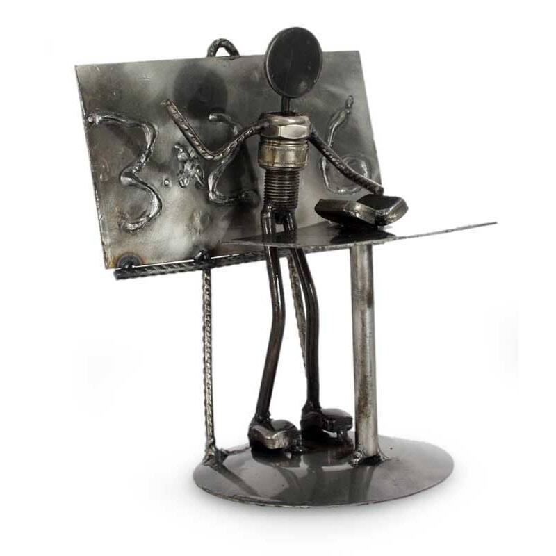 Handmade 'Rustic Professor' Iron Statuette (Mexico)