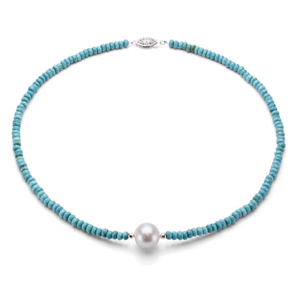 slide 1 of 3, DaVonna Silver Turquoise and White FW Pearl Necklace (12-13 mm)