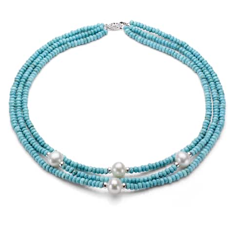 DaVonna Silver 3-row Turquoise and White FW Pearl Necklace (10-11 mm)