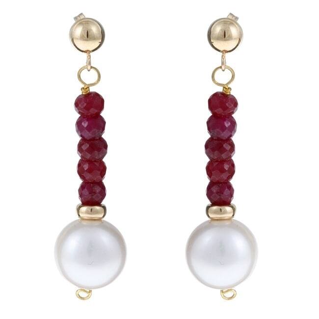 DaVonna 14k Gold White FW Pearl and Ruby Hangy Earrings (10-11 mm)