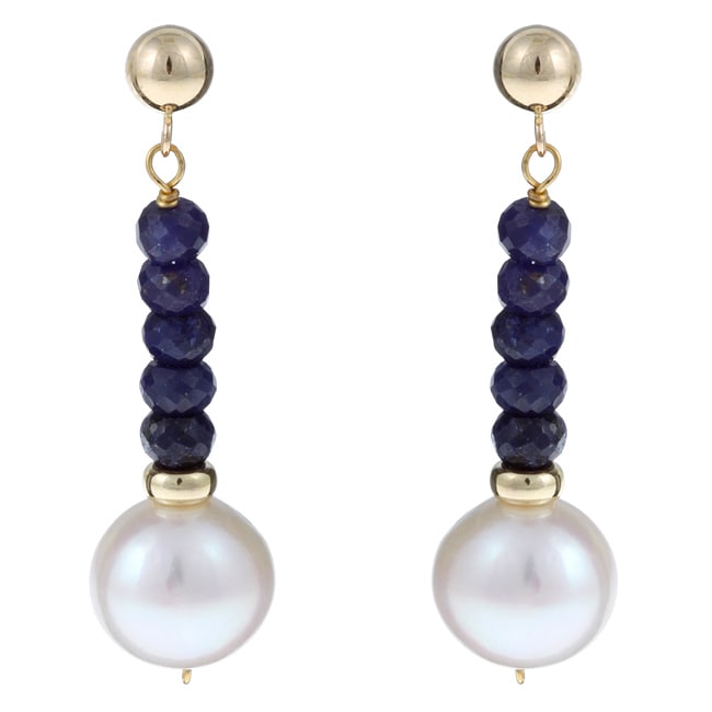 DaVonna 14k Gold White FW Pearl and Sapphire Drop Earrings (10-11 mm ...