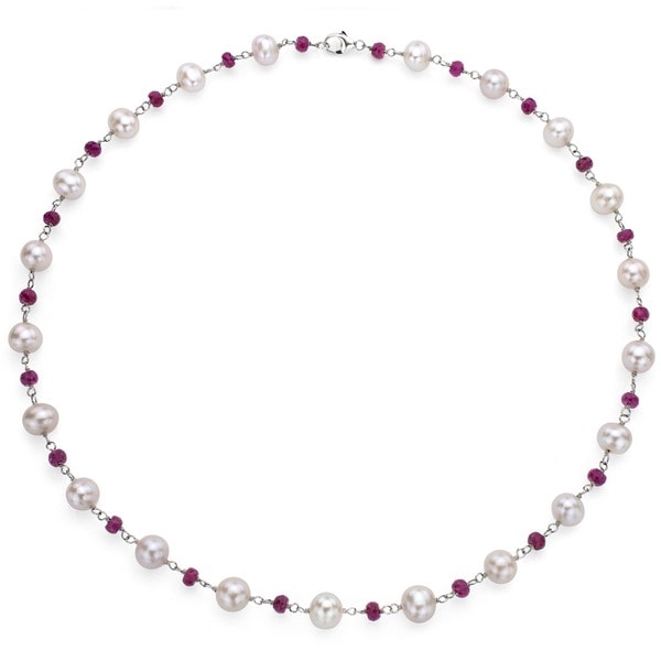 Shop DaVonna Sterling Silver Freshwater Pearl and Ruby Necklace (8-8.5 ...