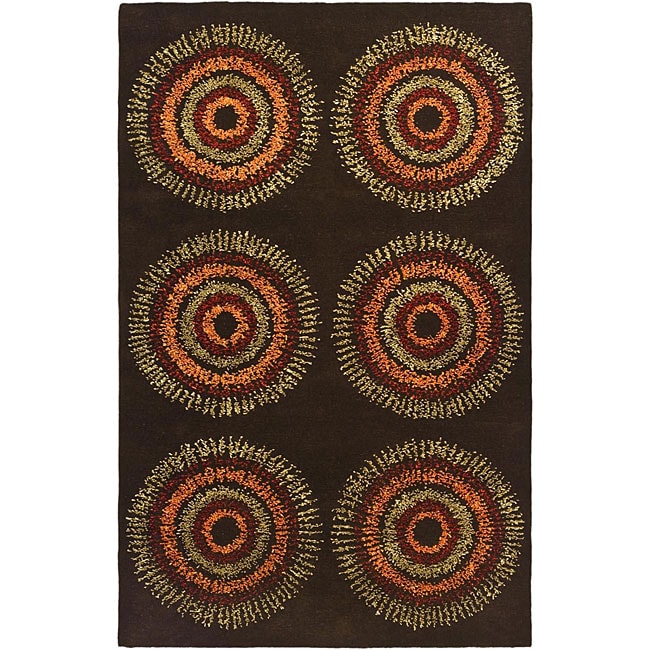 Handmade Deco Explosions Brown/ Multi N. Z. Wool Rug (76 X 96)